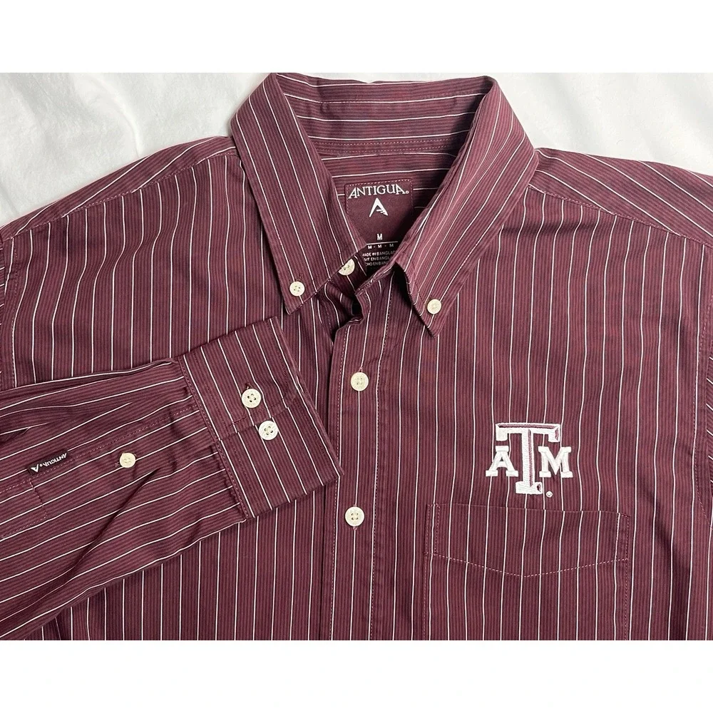 Texas A&M Aggies Antigua Button Down Shirt Men's M Maroon Stripes Long Sleeve - Picture 2 of 14